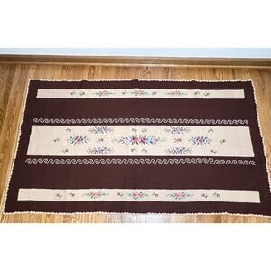 Brown Floral Wool? Handmade Needlework Cross stitch Afghan Blanket Throw 76 x 44